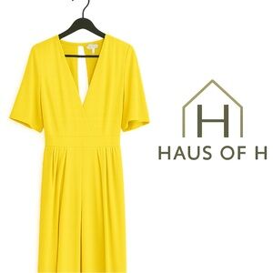 FAVLUX Bright Yellow V-Neck Short-Sleeve Jumpsuit w train